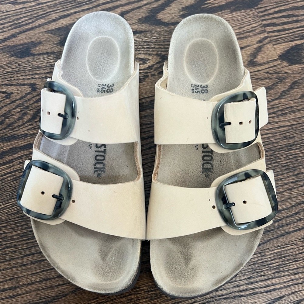 Birkenstock Arizona Big Buckle Almond Nubuck Leather  with tortoise buckle